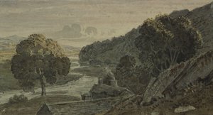 शाम, परिदृश्य, झोपड़ी और नदी के साथ