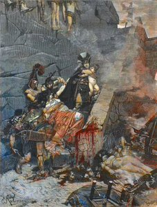 Andromache - Andromaque (Ulysses ने Andromaque की बाहों से Astyanax को ट्रॉय की दीवारों के ऊपर से फेंकने के लिए फाड़ दिया) - जॉर्ज-एंटोनी रोचेग्रोस (1859-1938) की पेंटिंग के बाद उत्कीर्णन द्वारा जॉर्जेस (बाद) रोशग्रोस