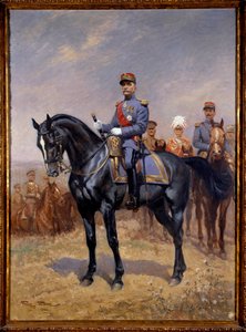 प्रथम विश्व युद्ध: "" फ्रांस के फर्डिनेंड फोच (1851-1929) मारेचल का घुड़सवारी चित्र"" उसके पीछे, डगलस हैग, अरमांडो डियाज़ और मैक्सिम वेयगैंग। जॉर्जेस बर्टिन स्कॉट (1873-1942) द्वारा पेंटिंग स्कॉट डी प्लाग्नोल्स 1930 सन। 1,25x0,92 मी. पे द्वारा जॉर्जेस बर्टिन स्कॉट