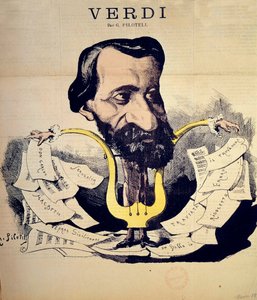 पिलोटेल (1845-1918) मार्च 1869 द्वारा संगीतकार ग्यूसेप वर्डी (1813-1901) द्वारा कार्टून। संगीतविद्यालय नेशनल डी म्यूसिक, पेरिस