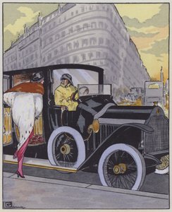 1910 के दशक का महिलाओं का फ़ैशन और लोरेन-डिट्रिच कार। (रंग लिथो)