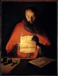 सेंट जेरोम पढ़ना। जॉर्जेस डी ला टूर द्वारा चित्रकारी (1593-1652) द्वारा जॉर्जेस डी ला टूर