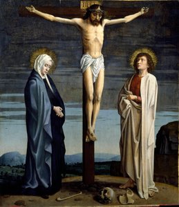 सूली पर चढ़ना। क्रॉस पर शिलालेख "" INRI "" (INRI)। जेरार्ड डेविड की पेंटिंग (1460-1523)