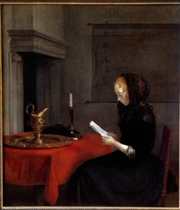 महिला एक पत्र पढ़ रही है। डच जेरार्ड टेर बोर्च द्वारा पेंटिंग (1617-1681)