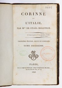 Corinne ou lItalie का शीर्षक पृष्ठ, तीसरा संशोधित और बढ़े हुए संस्करण, तीसरा खंड, Imprimerie des Freres Mame, Paris, 1808 (मुद्रित पत्र) द्वारा जर्मेन डे स्टेल