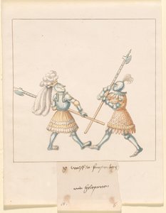 फ़्रीडाल, द बुक ऑफ़ जॉस्ट्स एंड टूर्नामेंट ऑफ़ एम्परर मैक्सिमिलियन I: कॉम्बैट्स ऑन फ़ुट (जॉस्ट्स)(वॉल्यूम III): जी. वुल्फ वॉन फ़र्स्टनबर्ग मिट हेलेपार्टन, प्लेट 141 द्वारा जर्मन 16वीं शताब्दी