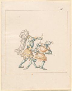 फ़्रीडल, द बुक ऑफ़ जॉस्ट्स एंड टूर्नामेंट ऑफ़ एम्परर मैक्सिमिलियन I: कॉम्बैट्स ऑन फ़ुट (जॉस्ट्स) (खंड III): प्लेट 164 द्वारा जर्मन 16वीं शताब्दी