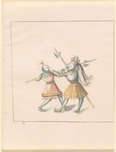 फ़्रीडल, द बुक ऑफ़ जॉस्ट्स एंड टूर्नामेंट ऑफ़ एम्परर मैक्सिमिलियन I: कॉम्बैट्स ऑन फ़ुट (जॉस्ट्स) (खंड III): प्लेट 143 द्वारा जर्मन 16वीं शताब्दी