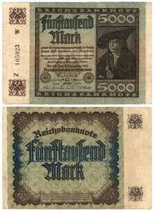 पांच हजार का निशान बैंकनोट, 1922 (रेक्टो और वर्सो) द्वारा जर्मन स्कूल