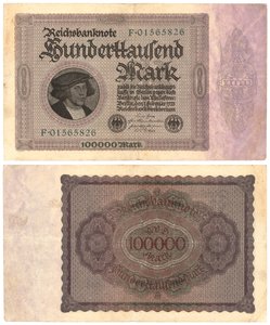 एक सौ हज़ार का निशान बैंकनोट, 1923 (रेक्टो और प्रोमो) द्वारा जर्मन स्कूल