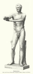 Apoxyomenos, एक एथलीट की मूर्ति जो एक स्ट्रिगिल (उत्कीर्णन) के साथ अपने शरीर से पसीना और धूल झाड़ता है द्वारा जर्मन स्कूल