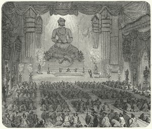 पेकिंग में एक मठ में पूजा करते बौद्ध (उत्कीर्णन) द्वारा जर्मन स्कूल