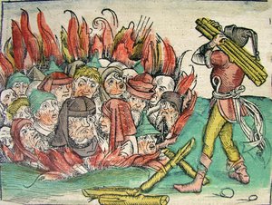 यहूदियों का जलना, नूर्नबर्ग क्रॉनिकल में प्रकाशित, 1493 द्वारा जर्मन स्कूल