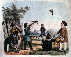 आर्कब्यूज़ के साथ लक्ष्य की शूटिंग करते बच्चे, c.1860 (रंग उत्कीर्णन) द्वारा जर्मन स्कूल