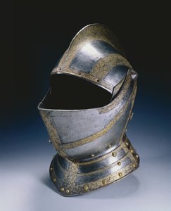 करीब हेलमेट, c.1580 (पीतल के रिवेट्स के साथ etched और सोने का पानी चढ़ा हुआ स्टील) द्वारा जर्मन स्कूल