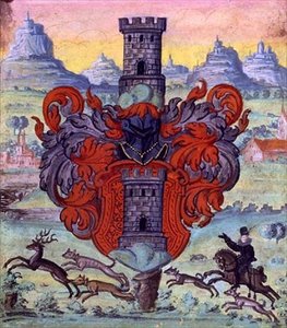 एक शिकार दृश्य के भीतर हथियारों का कोट, c.1640 (चर्मपत्र पर गौचे) द्वारा जर्मन स्कूल