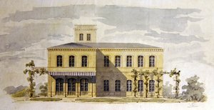 एक इतालवी शास्त्रीय विला के लिए डिजाइन, c.1850 (कागज पर कलम और स्याही के साथ पानी के रंग का) द्वारा जर्मन स्कूल