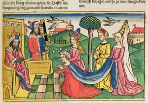 एस्तेर 2 15-18, एस्तेर को नूर्नबर्ग बाइबिल (Biblia Sacra Germanaica) (रंगीन लकड़बग्घा) से फारसी राजा अहासेरुस द्वारा रानी चुना जाता है। द्वारा जर्मन स्कूल
