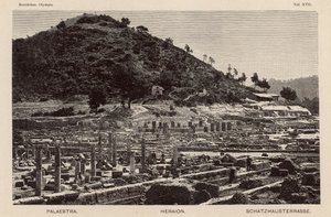 प्राचीन ओलंपिया, ग्रीस की साइट की खुदाई: पैलेस्ट्रा, हेरा का मंदिर और कोषागार (उत्कीर्णन) द्वारा जर्मन स्कूल