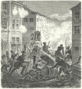 कोलन टाउन हॉल, बर्लिन के सामने एक बैरिकेड पर लड़ाई, 1848 की क्रांति (उत्कीर्णन) द्वारा जर्मन स्कूल