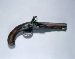 Flintlock पिस्तौल, बैरल निर्माता जोहान एंड्रियास Kuchenreuter (1716-1795), c.1750 (इस्पात, अखरोट स्टॉक, पीतल माउंट, बैरल सोने, पीतल और चांदी के साथ जड़ा हुआ) द्वारा जर्मन स्कूल