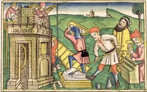 उत्पत्ति 11 1-9 नूरमबर्ग बाइबिल (Biblia Sacra Germanaica) (रंगीन लकड़बग्घा) से बेबल के टॉवर का निर्माण द्वारा जर्मन स्कूल