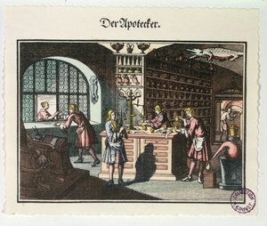 एक एपोथेकरी का आंतरिक भाग, c.1700 द्वारा जर्मन स्कूल