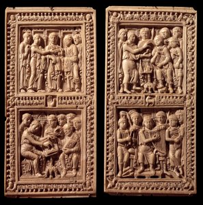 डगल्फ साल्टर की आइवरी बाइंडिंग: डेविड, सेंट जेरोम। इसे शारलेमेन द्वारा 8 वीं शताब्दी के अंत में पोप एड्रियन I के लिए मुंशी डगुल (या डगुलफ़) को नियुक्त किया गया था। ऐक्स ला चैपल से। पेरिस, लौवर संग्रहालय द्वारा जर्मन स्कूल