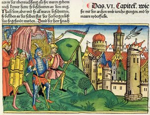 यहोशू 6 4-21, जेरिको का पतन, नूर्नबर्ग बाइबिल (Biblia Sacra Germanaica) (रंगीन लकड़बग्घा) से द्वारा जर्मन स्कूल
