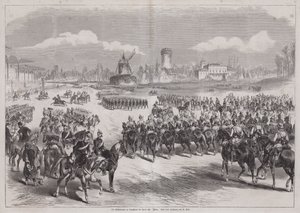 जर्मनी के कैसर विल्हेम I, लॉन्गचैम्प, पेरिस, फ्रांस में मार्च 1871 में अपनी सेना की परेड देख रहे हैं (उत्कीर्णन) द्वारा जर्मन स्कूल