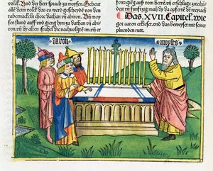 नंबर 17 1-11 हारून वेदी पर न्यूरॉन्स की बाइबिल (Biblia Sacra Germanaica) (रंगीन लकड़बग्घा) से हारून स्टाफ खड़ा है द्वारा जर्मन स्कूल