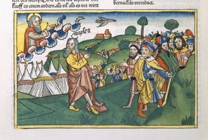 नंबर 1 1-20 नूरमबर्ग बाइबिल (Biblia Sacra Germanaica) (रंगीन वुडकट) से माउंट सिनाई से यात्रा की तैयारी द्वारा जर्मन स्कूल
