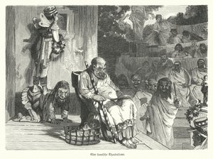 प्राचीन ग्रीस के एक थिएटर में एक कॉमेडी का प्रदर्शन (उत्कीर्णन) द्वारा जर्मन स्कूल