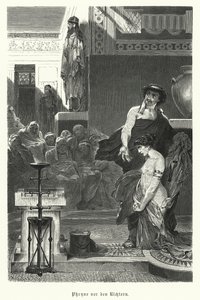 Phryne, प्राचीन यूनानी शिष्टाचार, अधर्म के लिए परीक्षण पर, चौथी शताब्दी ईसा पूर्व (उत्कीर्णन) द्वारा जर्मन स्कूल
