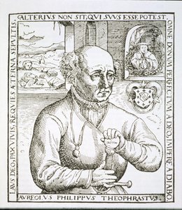 Theothrastus Paracelsus का पोर्ट्रेट (1493-1541), उनकी पुस्तक Astronomica et Astrologica Pushcula, कोलोन 1567 के एक चित्रण की नकल है, जिसका इस्तेमाल जादू के इतिहास में किया गया था, जो 19 वीं सदी के अंत में प्रकाशित हुआ (वुडकार द्वारा जर्मन स्कूल