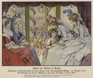 Mecklenburg-Strelitz की राजकुमारी लुईस लड़कियों Unter den Linden अस्तर प्रशिया के क्राउन प्रिंस फ्रेडरिक III, 22 दिसंबर 1793 (रंग लिथो) के साथ अपनी शादी के लिए बर्लिन में उसके आगमन का स्वागत करने से एक चुंबन द्वारा जर्मन स्कूल