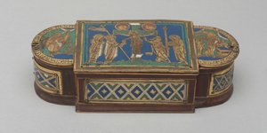 Pyx, c.1170-1180 (सोने का पानी चढ़ा हुआ तांबा, चम्पलेव और क्लोइज़न इनेमल, लकड़ी का कोर (आधुनिक)) द्वारा जर्मन स्कूल