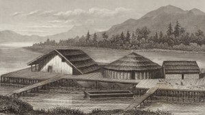 एक प्राचीन झील गांव का पुनर्निर्माण। बिल्डर-एटलस के लिए चित्रण (उत्कीर्णन) द्वारा जर्मन स्कूल