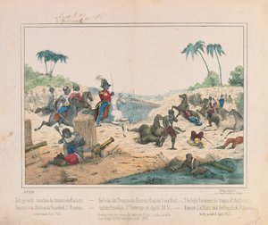 अप्रैल 1851 में हैती के सम्राट फुआस्टीन प्रथम और सेंटो डोमिंगो के डोमिनिकन गणराज्य के सैनिकों के बीच झड़प, फ्राइड द्वारा प्रकाशित सचित्र ब्रॉडशीट। शुल्ज वर्लग, स्टटगार्ट, 1851 द्वारा जर्मन स्कूल