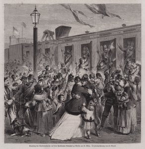 22 मार्च 1871 (उत्कीर्णन) फ्रेंको-प्रुशियन युद्ध से लौटने पर, प्रशिया गार्डेलैंडवेहर के सैनिकों ने पॉट्सडैम स्टेशन, बर्लिन में स्वागत किया। द्वारा जर्मन स्कूल