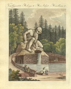 फ्लोरेंस के पास पैलेस प्रेटोलिनो के बगीचे में कोलोसस (रंगीन उत्कीर्णन) द्वारा जर्मन स्कूल