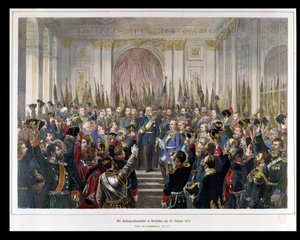 18 जनवरी 1871, 1871 को वर्साय में हॉल ऑफ मिरर्स में नए जर्मन रीच के कैसर के रूप में विल्हेम की उद्घोषणा (रंग उत्कीर्णन) द्वारा जर्मन स्कूल