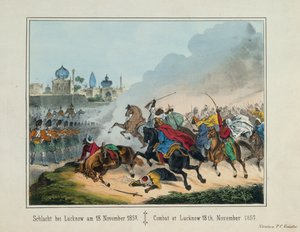 1857 के भारतीय विद्रोह के दौरान उत्तर प्रदेश में लखनऊ की घेराबंदी, PC Geissler, नूर्नबर्ग, 1857 द्वारा प्रकाशित सचित्र ब्रॉडशीट द्वारा जर्मन स्कूल
