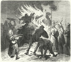प्रसिद्ध स्वीडिश राजा सिगर्ड हिंग ने ब्रेवेलियर (उत्कीर्णन) की लड़ाई के बाद हेराल्ड वार्टोथ के शरीर को जला दिया द्वारा जर्मन स्कूल