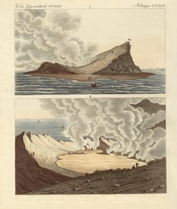 भूमध्य सागर पर नया ज्वालामुखी द्वीप, दो महीने बाद (रंगीन उत्कीर्णन) द्वारा जर्मन स्कूल