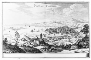 मार्टिन ज़िलर द्वारा टोपोग्राफिया गैलिया से मार्सिले का दृश्य, 1655-61 में प्रकाशित हुआ द्वारा जर्मन स्कूल