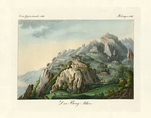 माउंट एथोस का दृश्य (रंगीन उत्कीर्णन) द्वारा जर्मन स्कूल