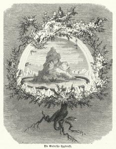 Yggdrasil, नॉर्स ब्रह्मांड विज्ञान का पौराणिक राख वृक्ष (उत्कीर्णन) द्वारा जर्मन स्कूल