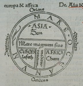 F.177v टी-इन-ओ मैप, लेटरप्रेस जगह के नाम के साथ, इसविल के सेविले से, लिबर आदिमोलारम