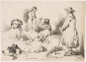 बच्चों का अध्ययन दो छोटी लड़कियां, दो कुत्ते, एक आदमी, 1793। द्वारा जेरार्ड स्ट्रीट जे. हैरिस सोहो